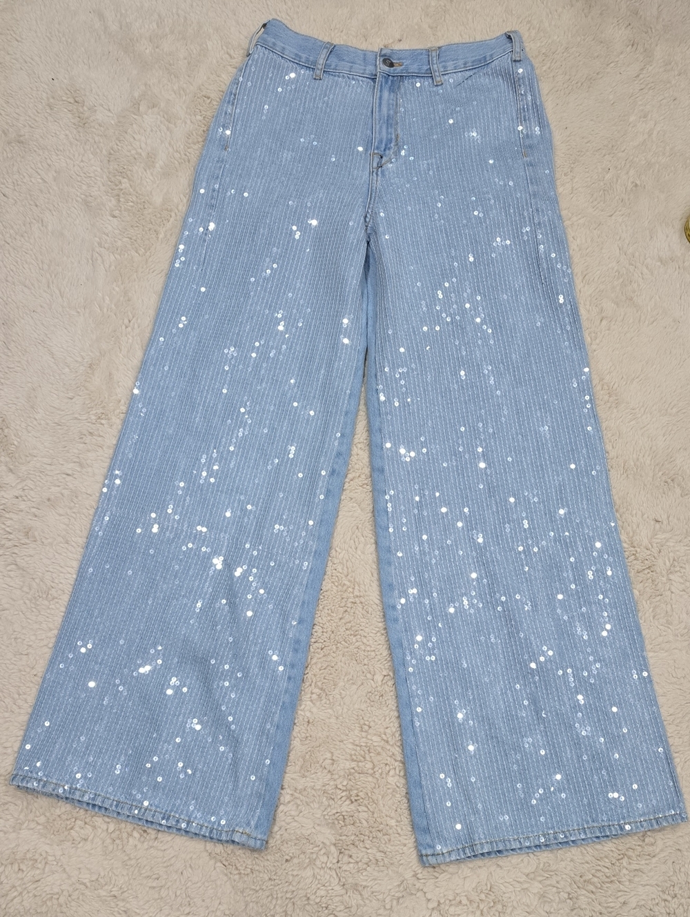 Pilcro Light Blue Denim Wide Leg Jeans with Yellow Tape Accent